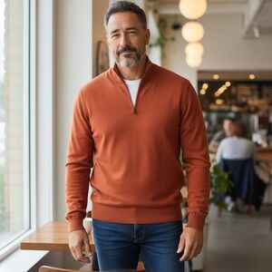 Neiman Marcus 1/4 Zip Sweater Mens L Orange Wool Blend Italy Mock Neck Pullover